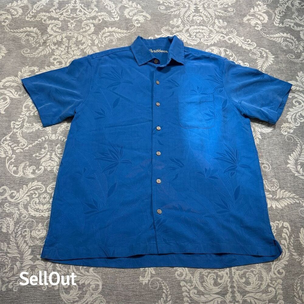 Roundtree and Yorke Caribbean Men's Standard L Blue Embroidered Short Sleeve